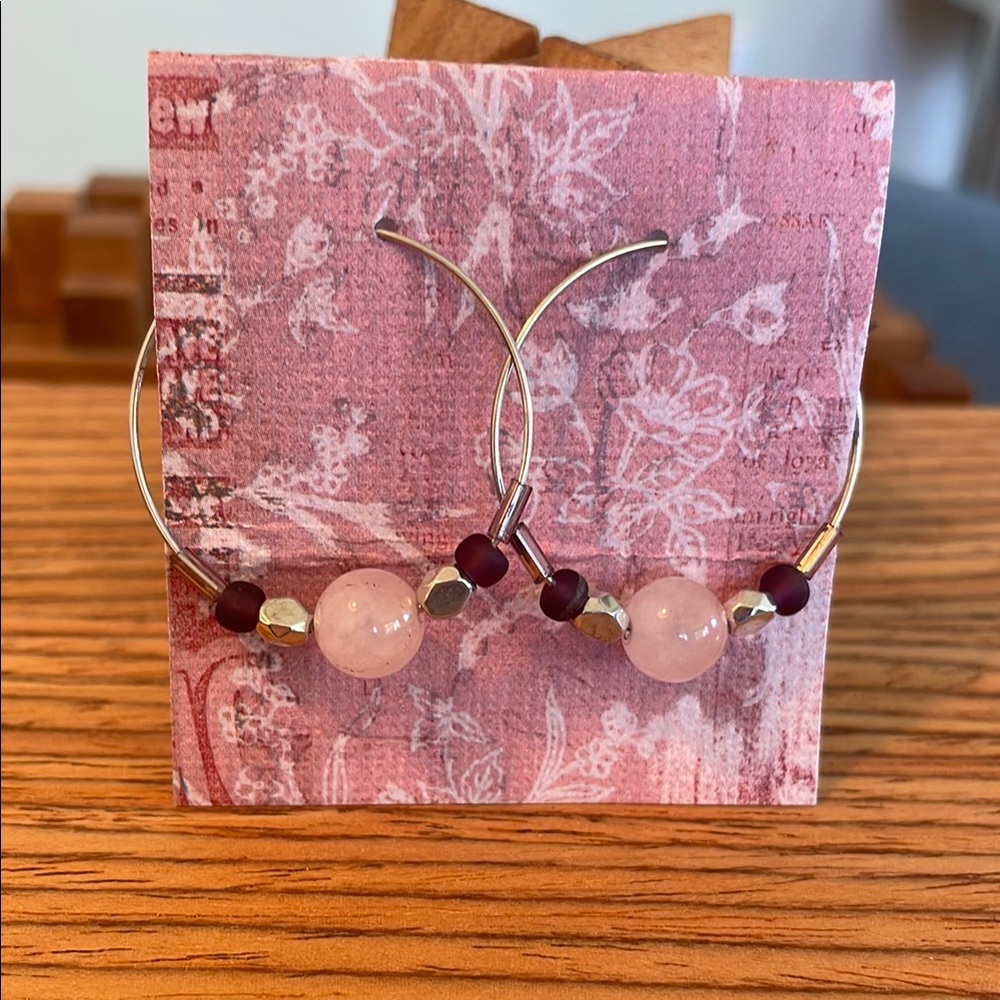 Delicate Rose Quartz and Silver Beaded Hoop Earrings